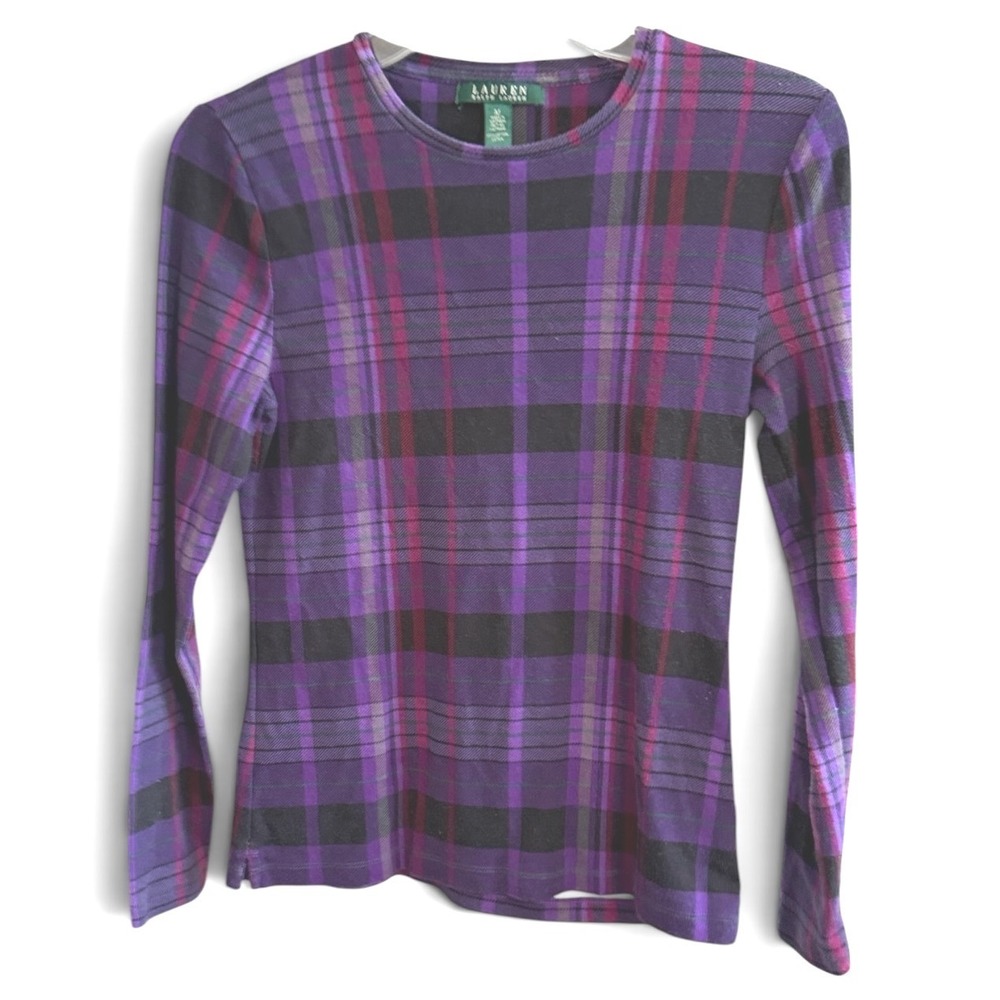 Lauren Ralph Lauren Plaid Top Womens M Purple Long Sleeve Cotton Preppy Stretch